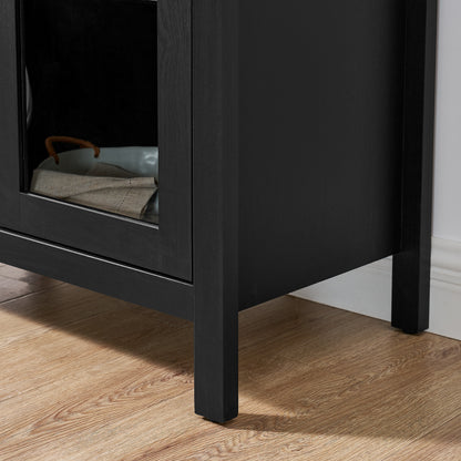 A high arched storage cabinet with a lamp, a modern retro-style wooden storage cabinet with adjustable glass partitions, suitable for use as a multi-functional cabinet in kitchens-Black Food Pantry