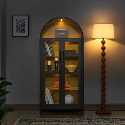 A high arched storage cabinet with a lamp, a modern retro-style wooden storage cabinet with adjustable glass partitions, suitable for use as a multi-functional cabinet in kitchens-Black Food Pantry