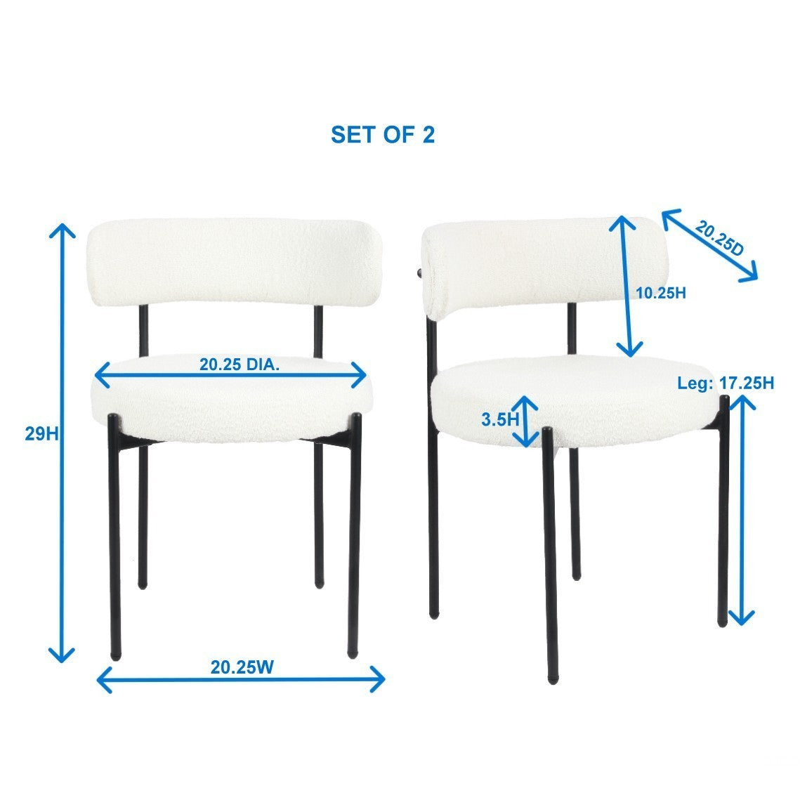 Burbank Modern Round Boucle Dining Chairs, Set of 2, White