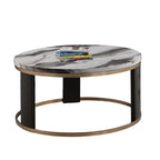 Contemporary Style Round Cocktail Table Marble Top Gold Rings Wooden Legs Gold White And Black Finish Coffee Table