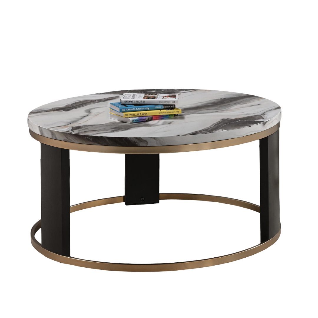 Contemporary Style Round Cocktail Table Marble Top Gold Rings Wooden Legs Gold White And Black Finish Coffee Table
