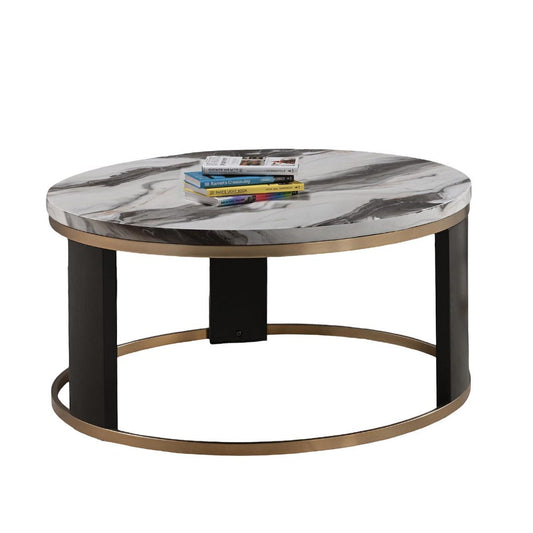Contemporary Style Round Cocktail Table Marble Top Gold Rings Wooden Legs Gold White And Black Finish Coffee Table