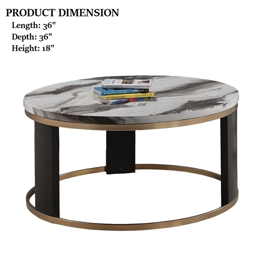 Contemporary Style Round Cocktail Table Marble Top Gold Rings Wooden Legs Gold White And Black Finish Coffee Table