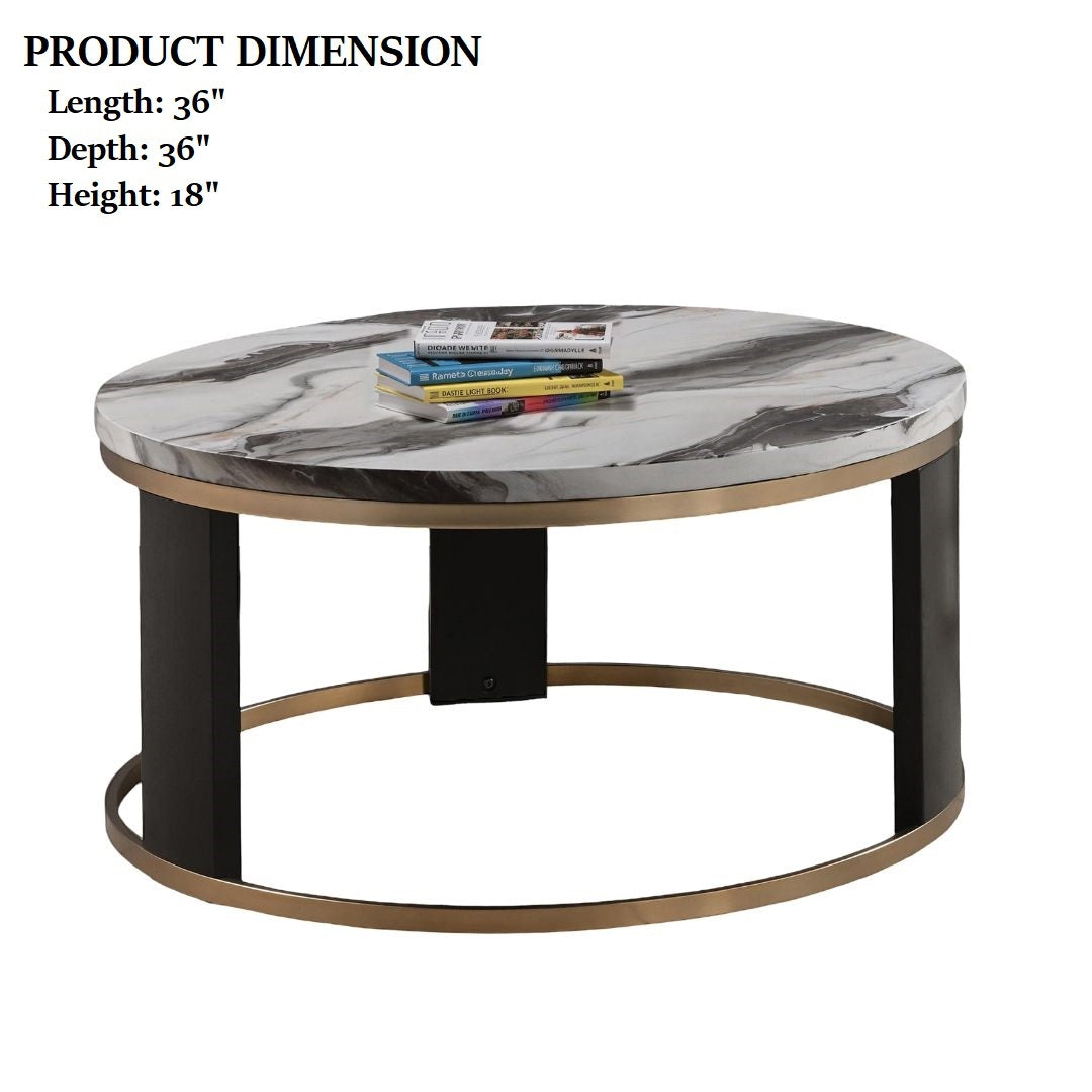 Contemporary Style Round Cocktail Table Marble Top Gold Rings Wooden Legs Gold White And Black Finish Coffee Table