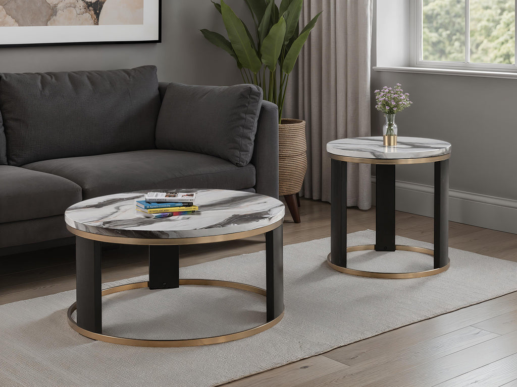 Contemporary Style Round Cocktail Table Marble Top Gold Rings Wooden Legs Gold White And Black Finish Coffee Table