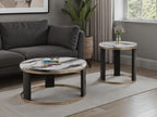 Contemporary Style Round Cocktail Table Marble Top Gold Rings Wooden Legs Gold White And Black Finish Coffee Table