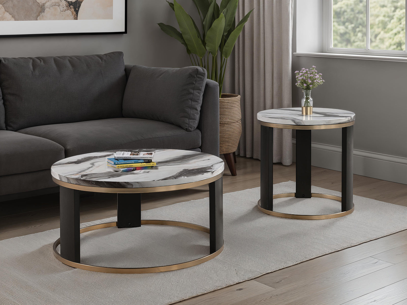 Contemporary Style Round Cocktail Table Marble Top Gold Rings Wooden Legs Gold White And Black Finish Coffee Table