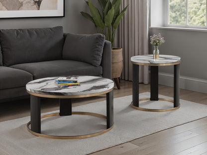 Contemporary Style Round Cocktail Table Marble Top Gold Rings Wooden Legs Gold White And Black Finish Coffee Table