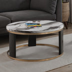 Contemporary Style Round Cocktail Table Marble Top Gold Rings Wooden Legs Gold White And Black Finish Coffee Table
