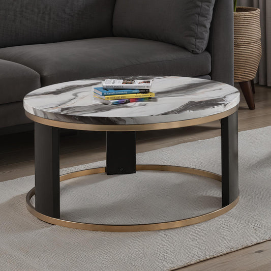 Contemporary Style Round Cocktail Table Marble Top Gold Rings Wooden Legs Gold White And Black Finish Coffee Table