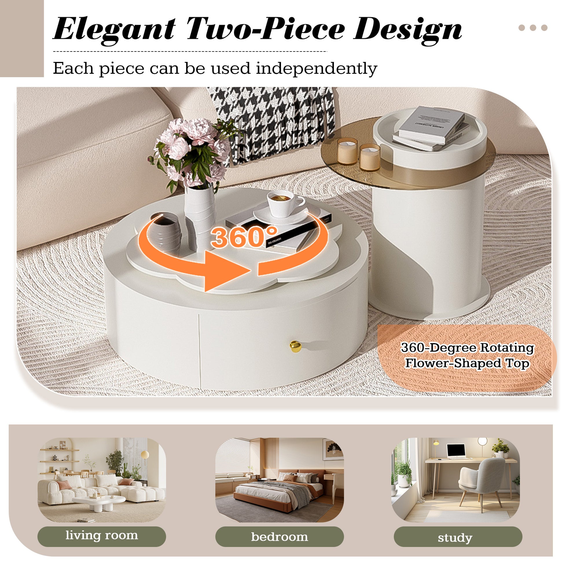 U-Can Modern Round Coffee Table Set of 2 , 360-Degree Rotatable Flower-shaped Top with 2 Drawers, Top Circle Side Table End Table with Glass for Living Room
