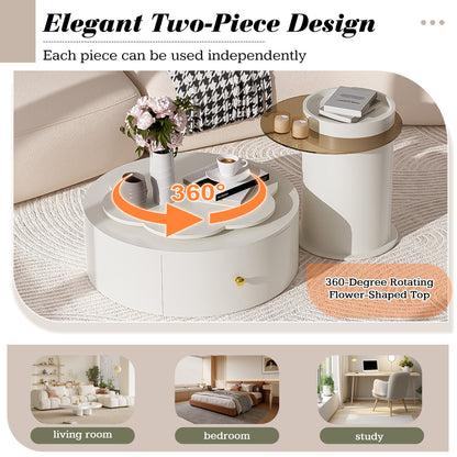 U-Can Modern Round Coffee Table Set of 2 , 360-Degree Rotatable Flower-shaped Top with 2 Drawers, Top Circle Side Table End Table with Glass for Living Room