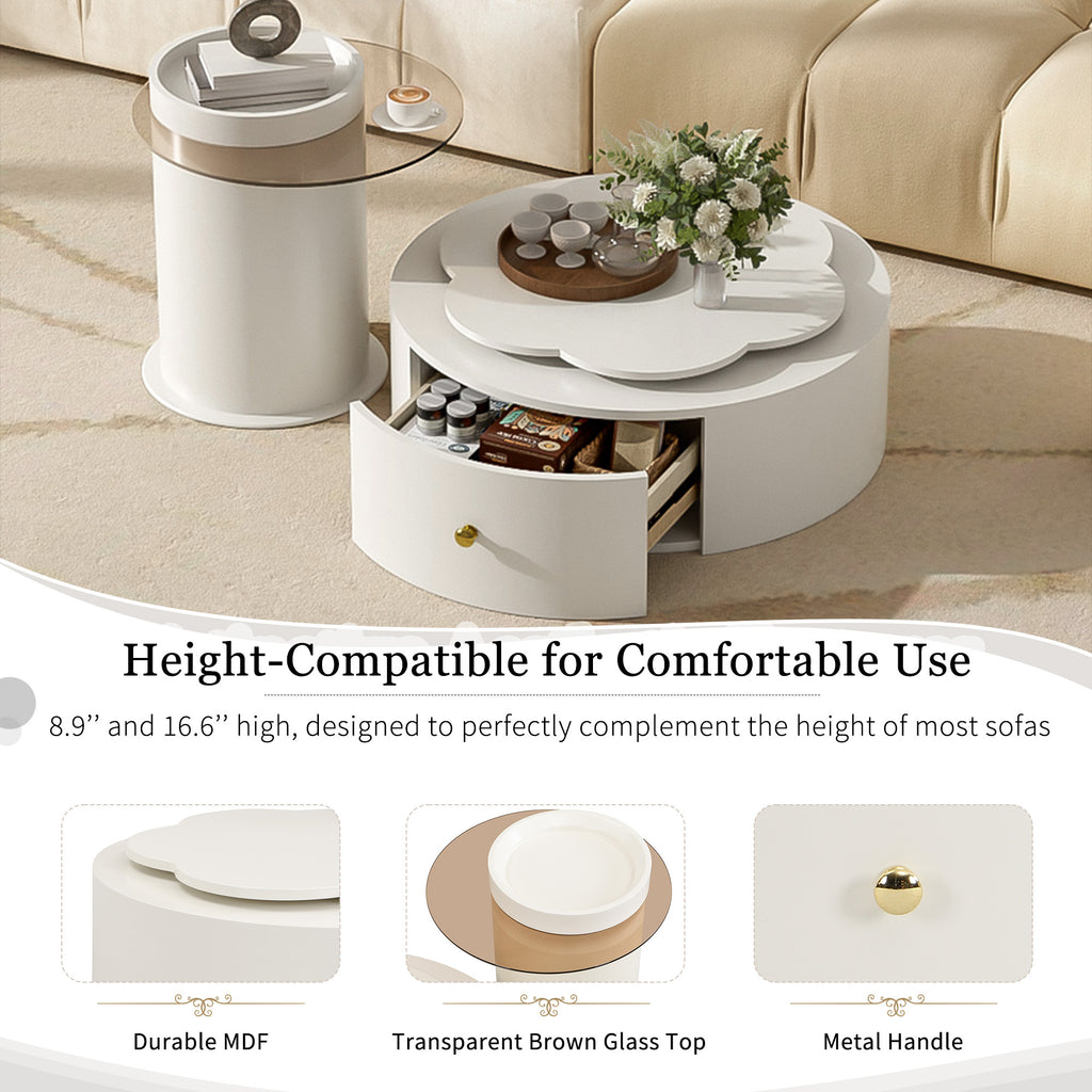 U-Can Modern Round Coffee Table Set of 2 , 360-Degree Rotatable Flower-shaped Top with 2 Drawers, Top Circle Side Table End Table with Glass for Living Room
