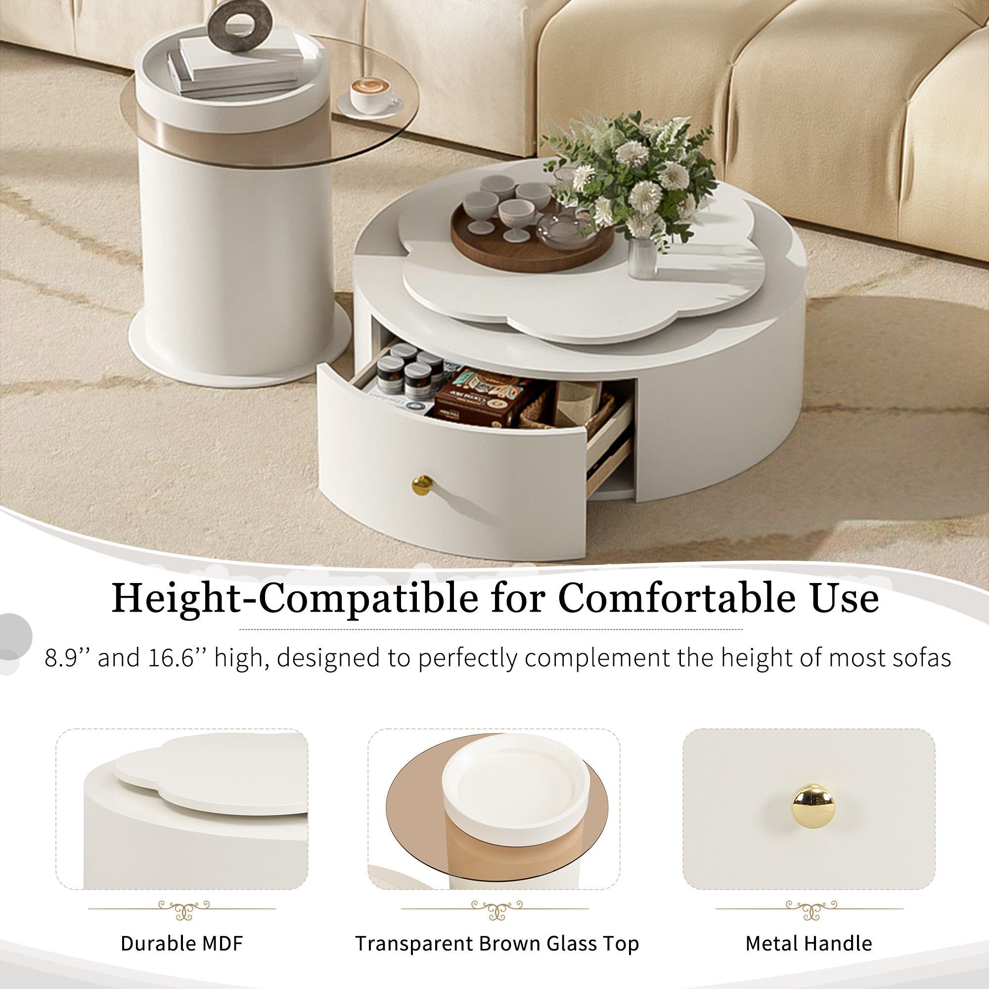 U-Can Modern Round Coffee Table Set of 2 , 360-Degree Rotatable Flower-shaped Top with 2 Drawers, Top Circle Side Table End Table with Glass for Living Room