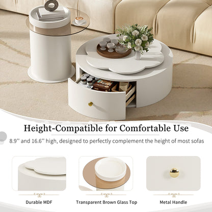 U-Can Modern Round Coffee Table Set of 2 , 360-Degree Rotatable Flower-shaped Top with 2 Drawers, Top Circle Side Table End Table with Glass for Living Room