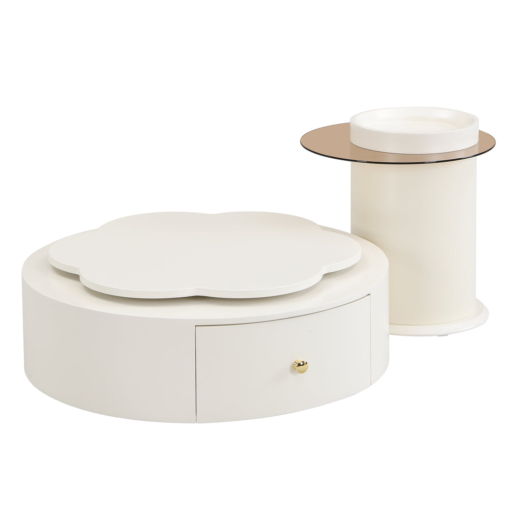 U-Can Modern Round Coffee Table Set of 2 , 360-Degree Rotatable Flower-shaped Top with 2 Drawers, Top Circle Side Table End Table with Glass for Living Room