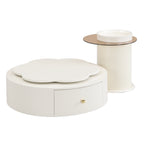 U-Can Modern Round Coffee Table Set of 2 , 360-Degree Rotatable Flower-shaped Top with 2 Drawers, Top Circle Side Table End Table with Glass for Living Room