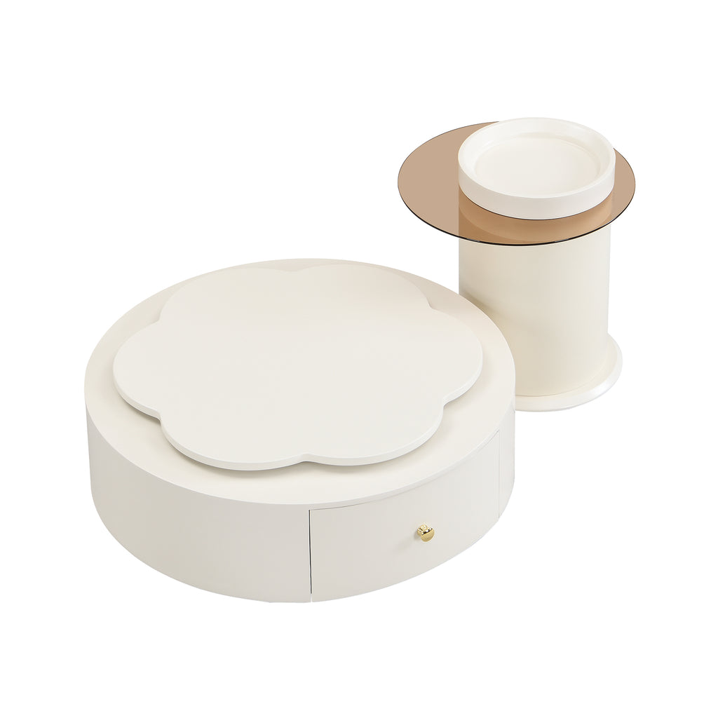 U-Can Modern Round Coffee Table Set of 2 , 360-Degree Rotatable Flower-shaped Top with 2 Drawers, Top Circle Side Table End Table with Glass for Living Room