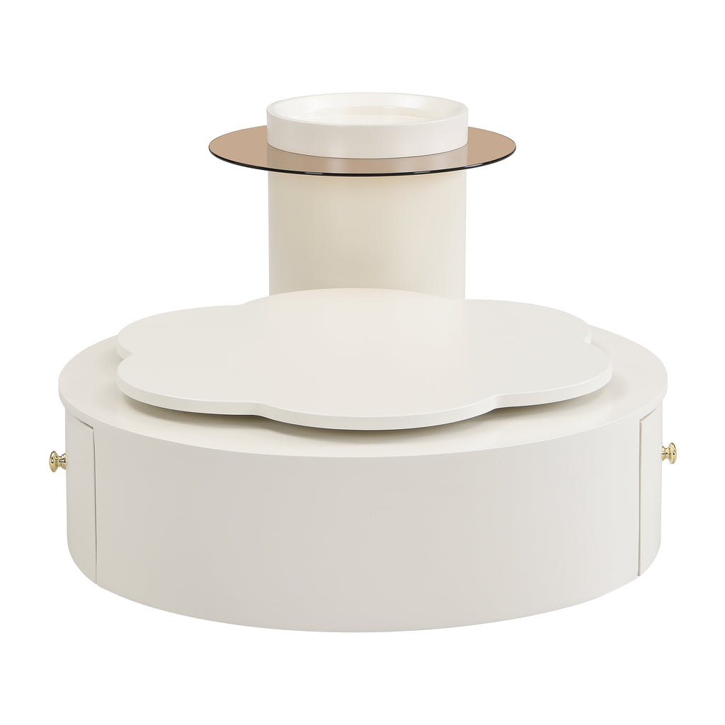 U-Can Modern Round Coffee Table Set of 2 , 360-Degree Rotatable Flower-shaped Top with 2 Drawers, Top Circle Side Table End Table with Glass for Living Room