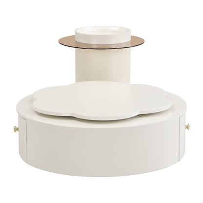U-Can Modern Round Coffee Table Set of 2 , 360-Degree Rotatable Flower-shaped Top with 2 Drawers, Top Circle Side Table End Table with Glass for Living Room