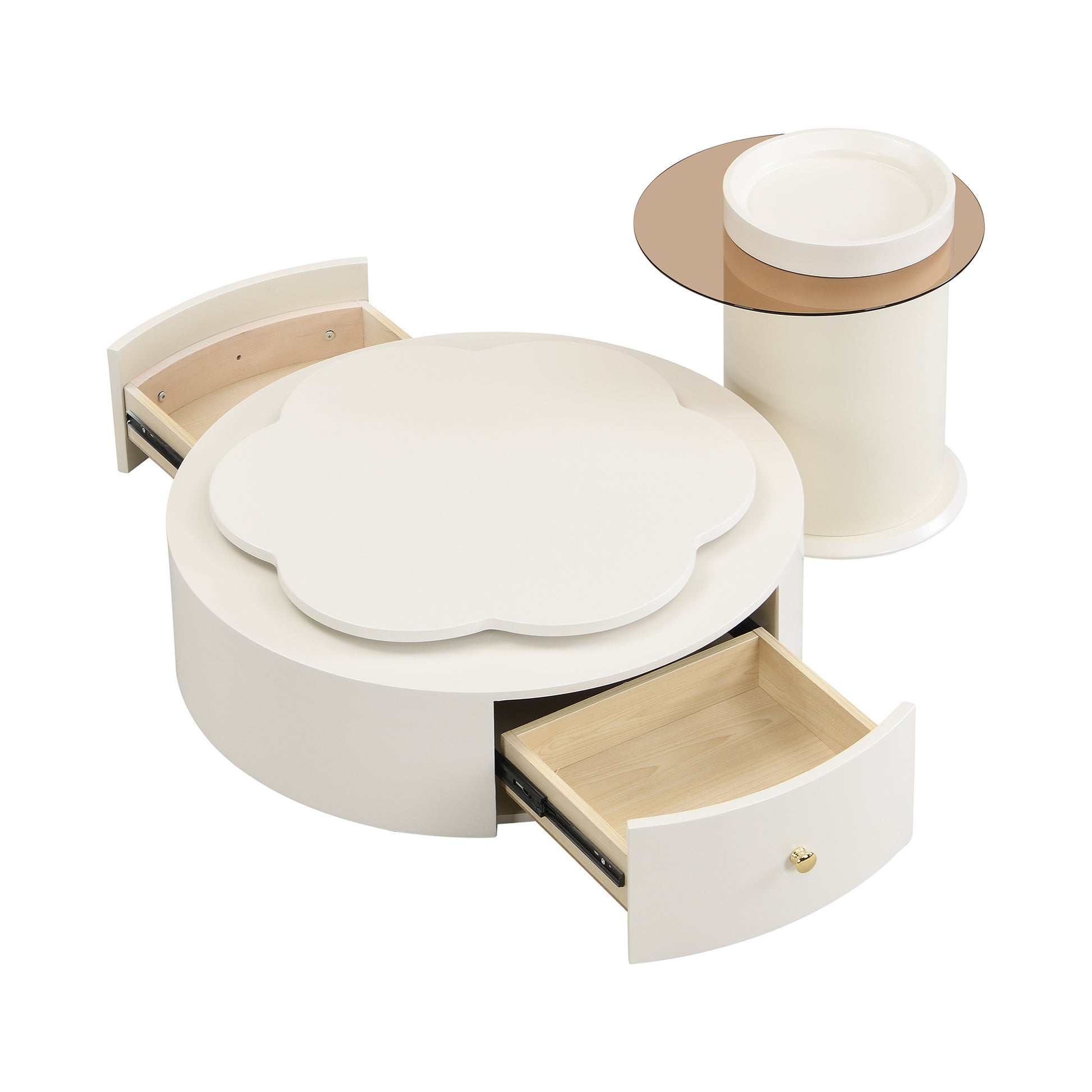 U-Can Modern Round Coffee Table Set of 2 , 360-Degree Rotatable Flower-shaped Top with 2 Drawers, Top Circle Side Table End Table with Glass for Living Room