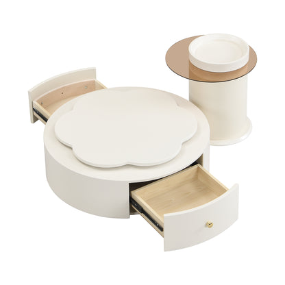U-Can Modern Round Coffee Table Set of 2 , 360-Degree Rotatable Flower-shaped Top with 2 Drawers, Top Circle Side Table End Table with Glass for Living Room