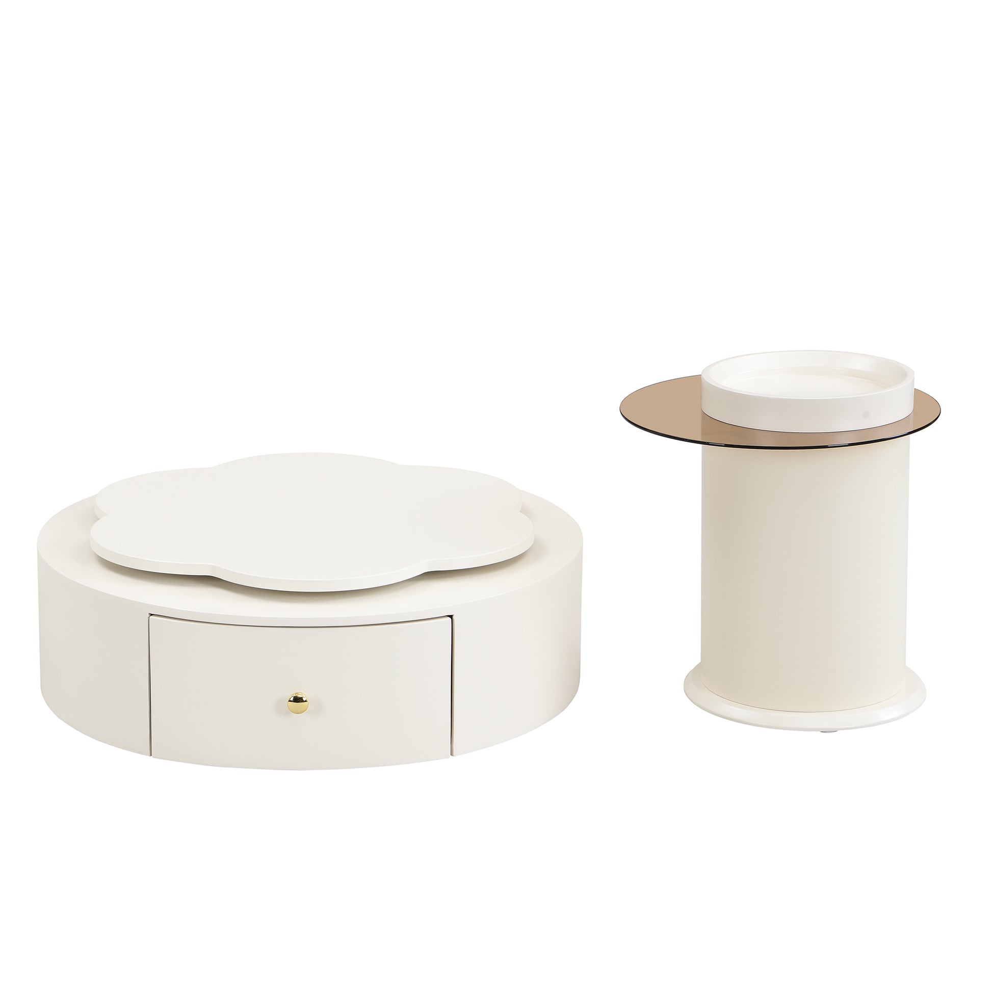 U-Can Modern Round Coffee Table Set of 2 , 360-Degree Rotatable Flower-shaped Top with 2 Drawers, Top Circle Side Table End Table with Glass for Living Room