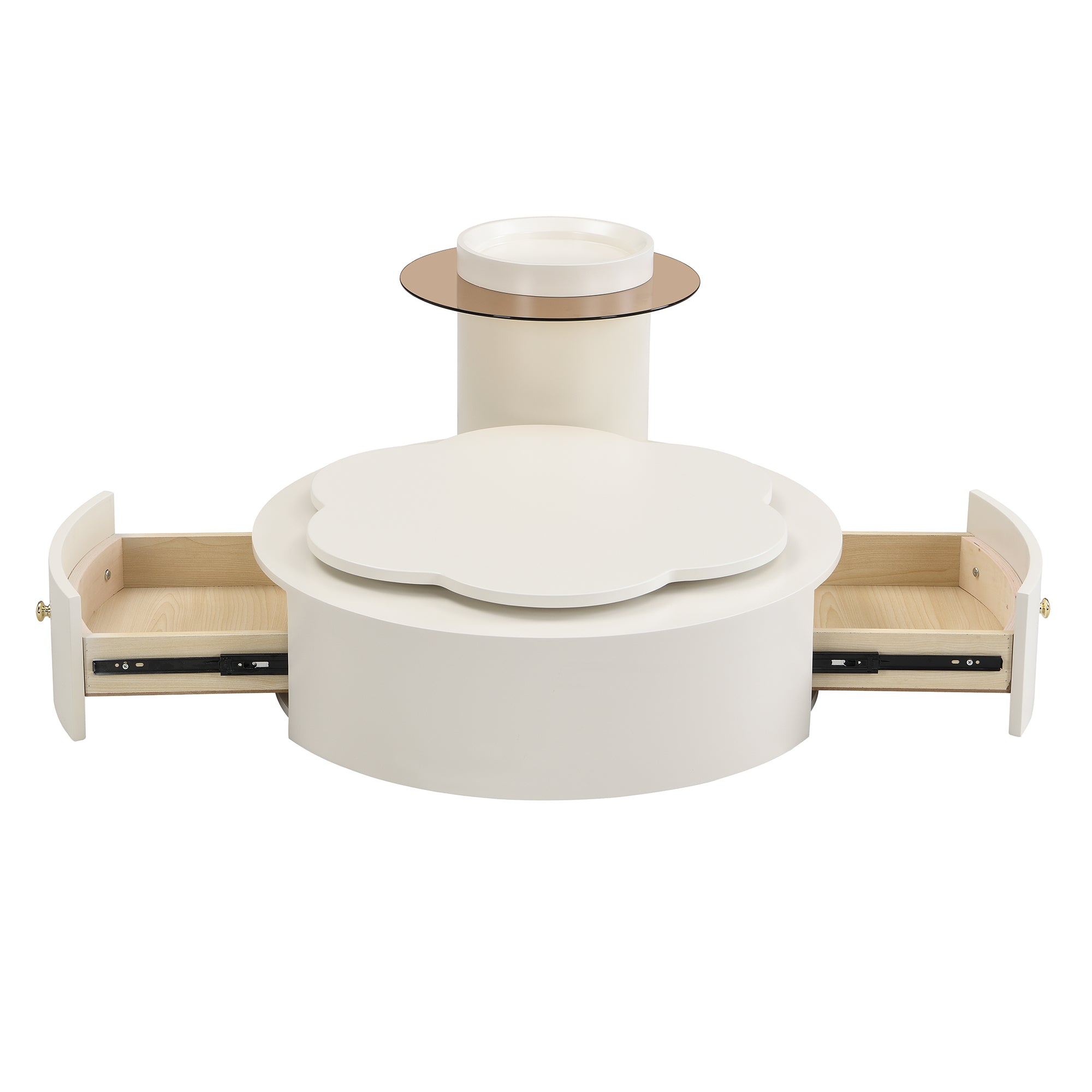 U-Can Modern Round Coffee Table Set of 2 , 360-Degree Rotatable Flower-shaped Top with 2 Drawers, Top Circle Side Table End Table with Glass for Living Room