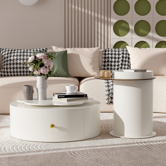 U-Can Modern Round Coffee Table Set of 2 , 360-Degree Rotatable Flower-shaped Top with 2 Drawers, Top Circle Side Table End Table with Glass for Living Room