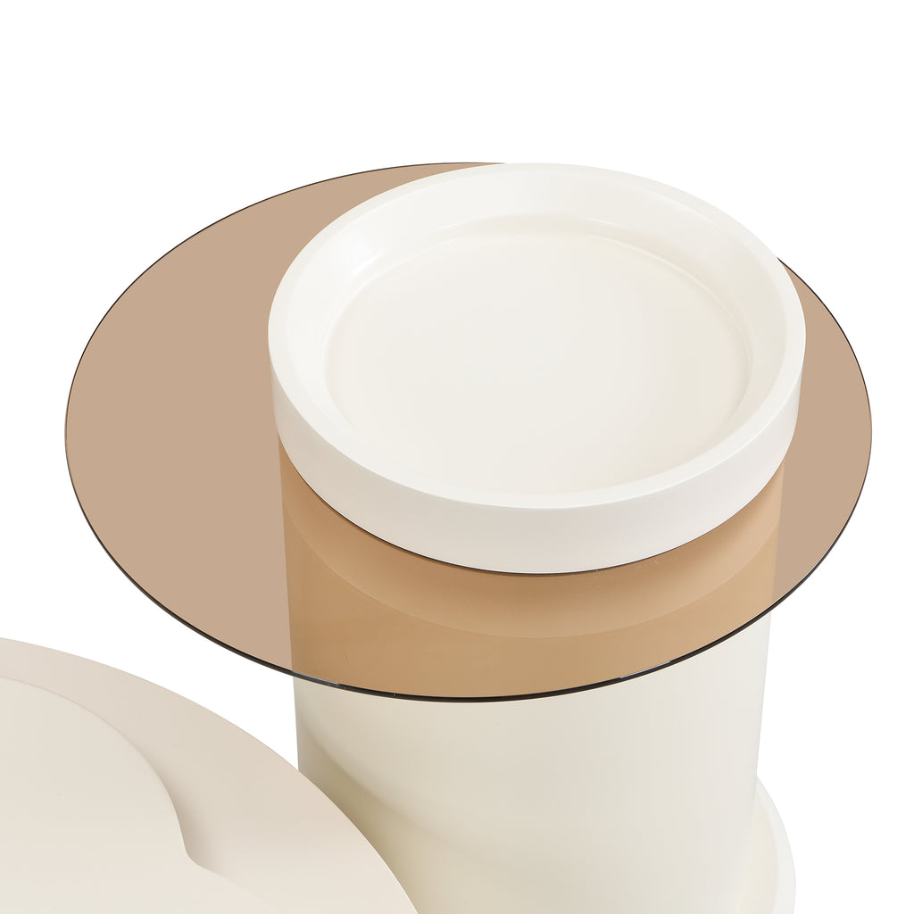 U-Can Modern Round Coffee Table Set of 2 , 360-Degree Rotatable Flower-shaped Top with 2 Drawers, Top Circle Side Table End Table with Glass for Living Room