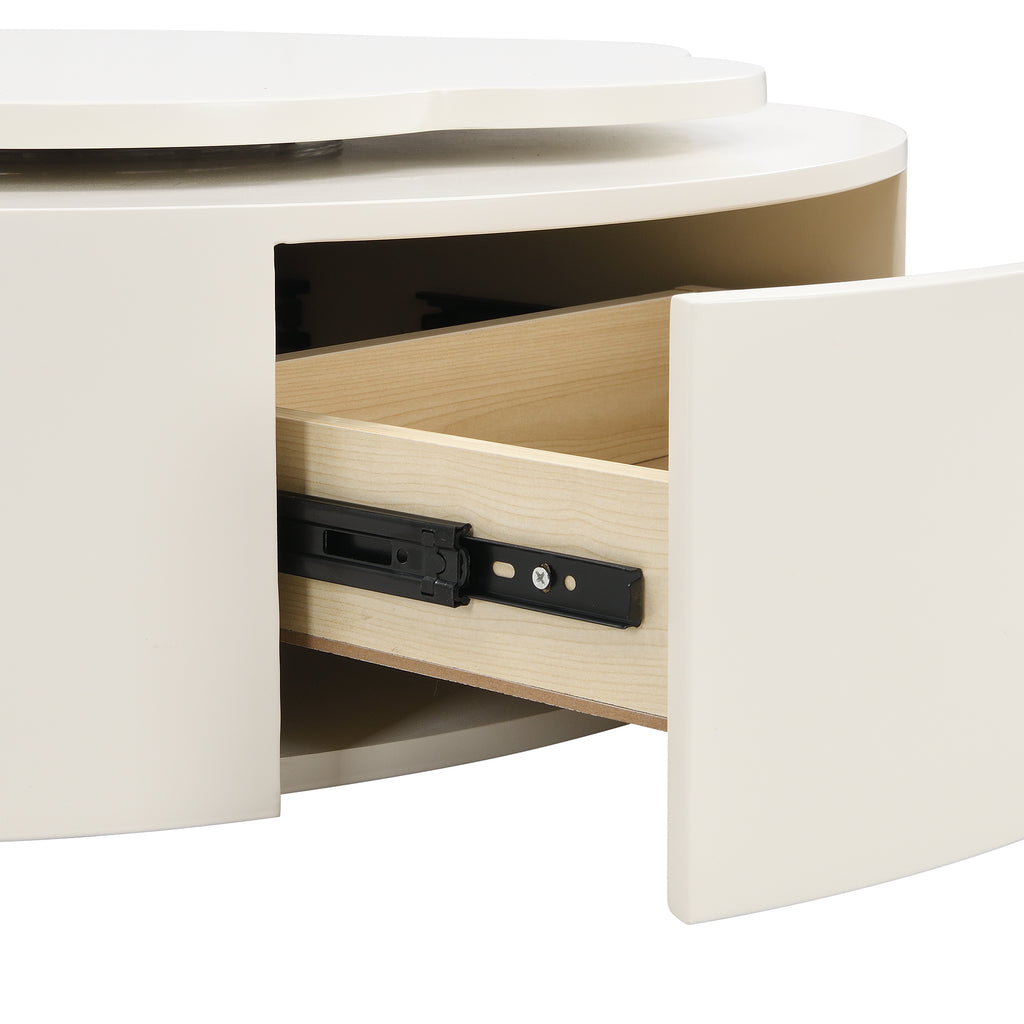 U-Can Modern Round Coffee Table Set of 2 , 360-Degree Rotatable Flower-shaped Top with 2 Drawers, Top Circle Side Table End Table with Glass for Living Room