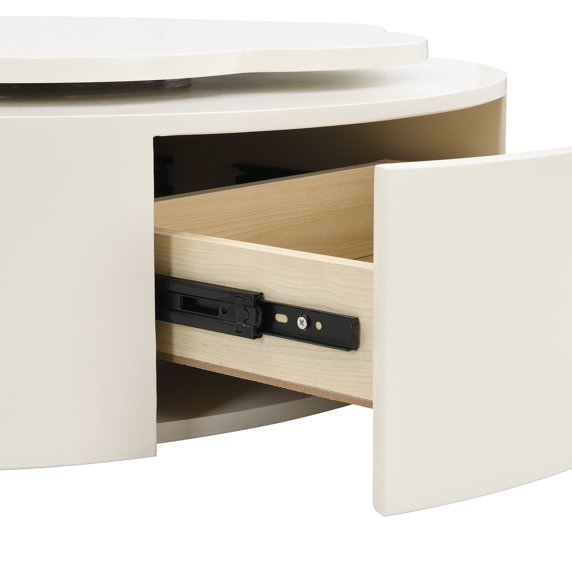 U-Can Modern Round Coffee Table Set of 2 , 360-Degree Rotatable Flower-shaped Top with 2 Drawers, Top Circle Side Table End Table with Glass for Living Room