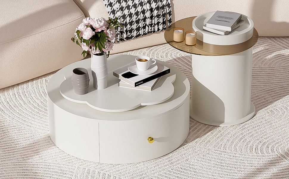 U-Can Modern Round Coffee Table Set of 2 , 360-Degree Rotatable Flower-shaped Top with 2 Drawers, Top Circle Side Table End Table with Glass for Living Room