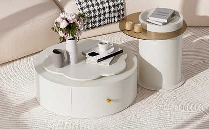 U-Can Modern Round Coffee Table Set of 2 , 360-Degree Rotatable Flower-shaped Top with 2 Drawers, Top Circle Side Table End Table with Glass for Living Room