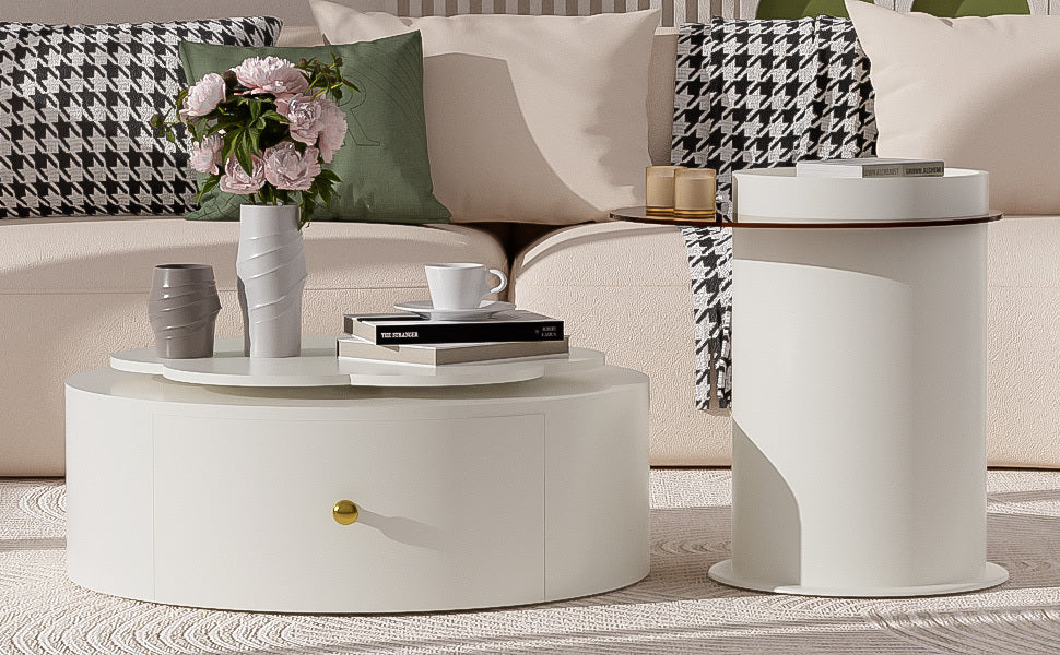 U-Can Modern Round Coffee Table Set of 2 , 360-Degree Rotatable Flower-shaped Top with 2 Drawers, Top Circle Side Table End Table with Glass for Living Room