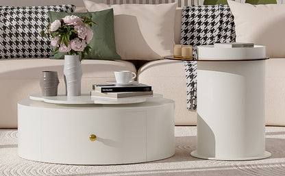 U-Can Modern Round Coffee Table Set of 2 , 360-Degree Rotatable Flower-shaped Top with 2 Drawers, Top Circle Side Table End Table with Glass for Living Room