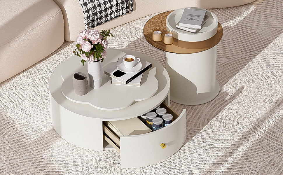 U-Can Modern Round Coffee Table Set of 2 , 360-Degree Rotatable Flower-shaped Top with 2 Drawers, Top Circle Side Table End Table with Glass for Living Room