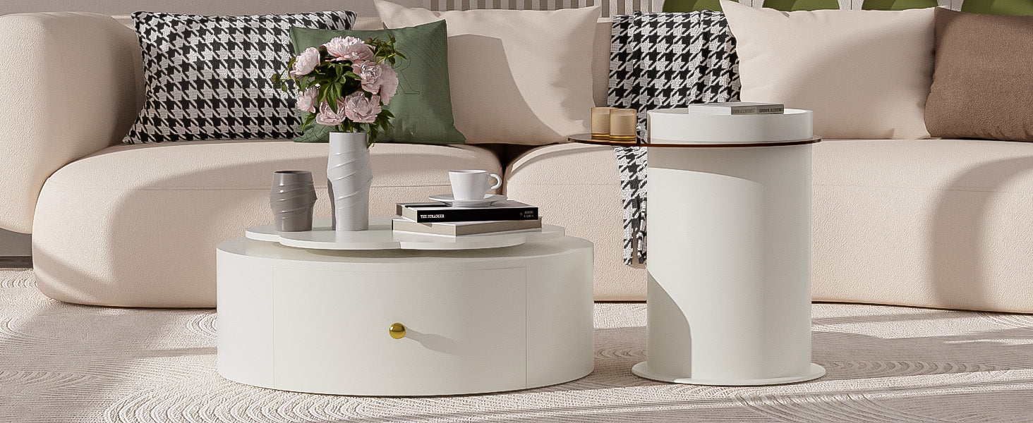 U-Can Modern Round Coffee Table Set of 2 , 360-Degree Rotatable Flower-shaped Top with 2 Drawers, Top Circle Side Table End Table with Glass for Living Room