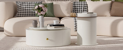 U-Can Modern Round Coffee Table Set of 2 , 360-Degree Rotatable Flower-shaped Top with 2 Drawers, Top Circle Side Table End Table with Glass for Living Room