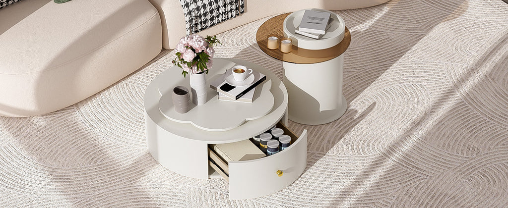 U-Can Modern Round Coffee Table Set of 2 , 360-Degree Rotatable Flower-shaped Top with 2 Drawers, Top Circle Side Table End Table with Glass for Living Room