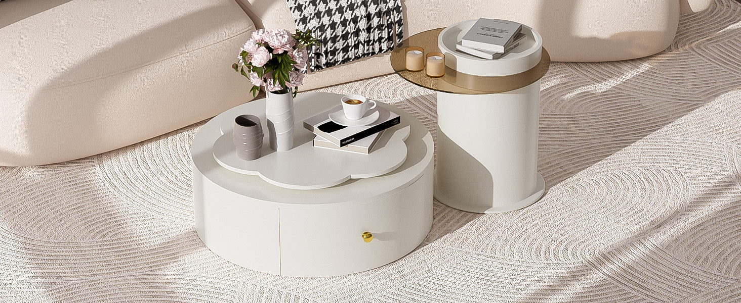 U-Can Modern Round Coffee Table Set of 2 , 360-Degree Rotatable Flower-shaped Top with 2 Drawers, Top Circle Side Table End Table with Glass for Living Room