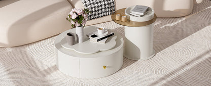 U-Can Modern Round Coffee Table Set of 2 , 360-Degree Rotatable Flower-shaped Top with 2 Drawers, Top Circle Side Table End Table with Glass for Living Room