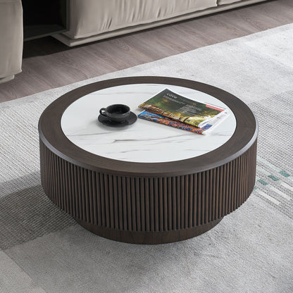 31.5 inch Modern Marble Pattern Coffee Table Round Coffee Table for Living Room,Small Table with Sturdy Pedestal,Dark Brown