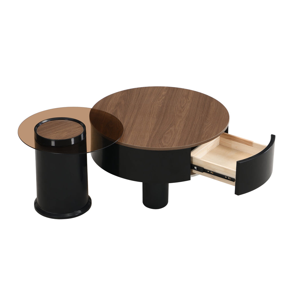 Round Nesting Coffee Table Set of 2, Coffee Table with Storage Drawer, Black Plastic Center Table for Living Room, Large: 27.56'' Small: 19.69''