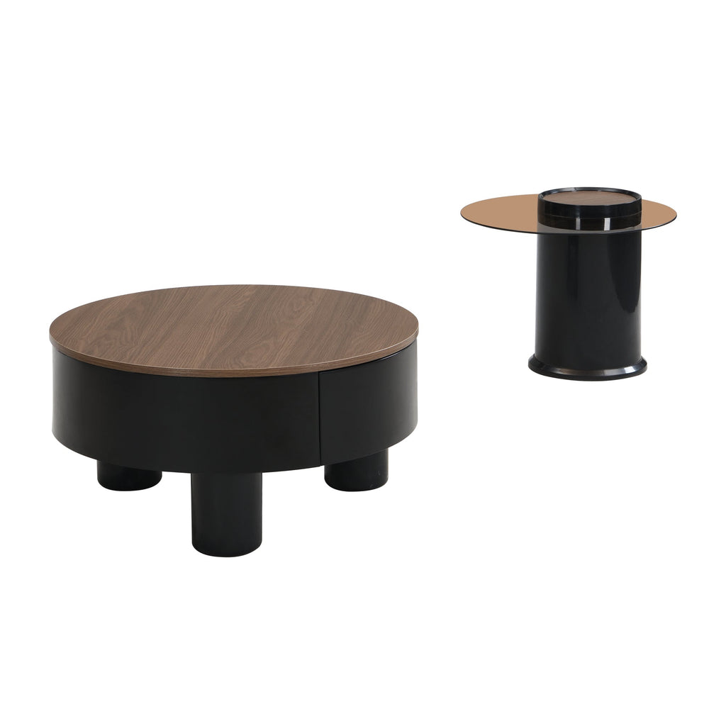 Round Nesting Coffee Table Set of 2, Coffee Table with Storage Drawer, Black Plastic Center Table for Living Room, Large: 27.56'' Small: 19.69''