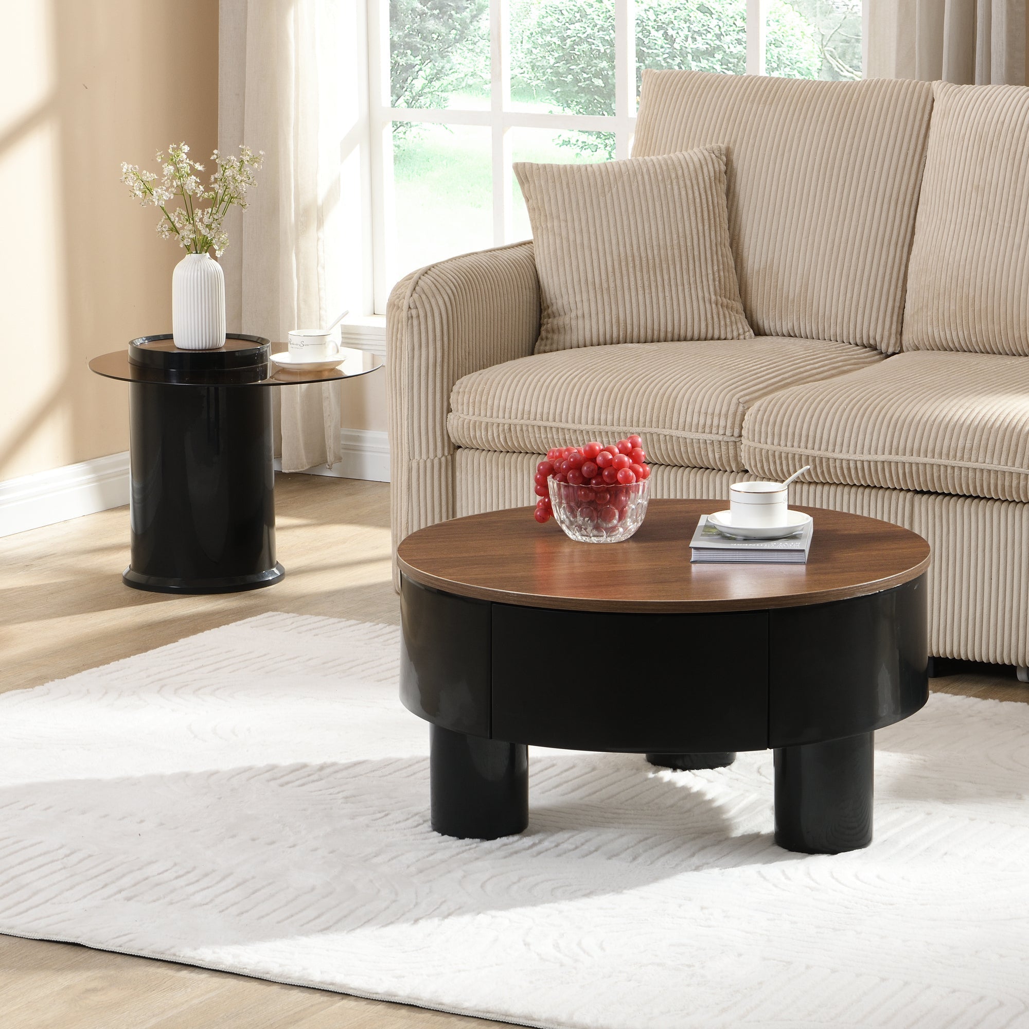 Round Nesting Coffee Table Set of 2, Coffee Table with Storage Drawer, Black Plastic Center Table for Living Room, Large: 27.56'' Small: 19.69''