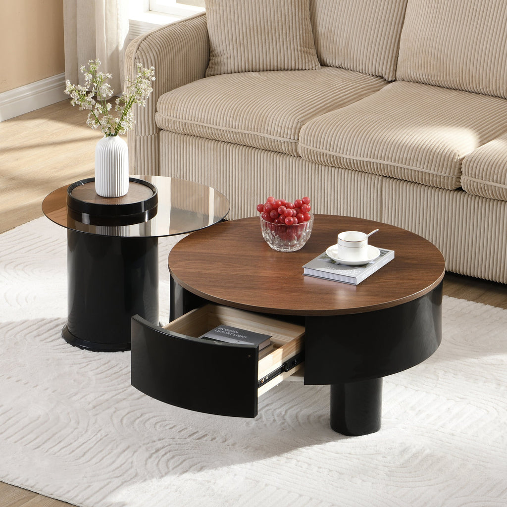 Round Nesting Coffee Table Set of 2, Coffee Table with Storage Drawer, Black Plastic Center Table for Living Room, Large: 27.56'' Small: 19.69''