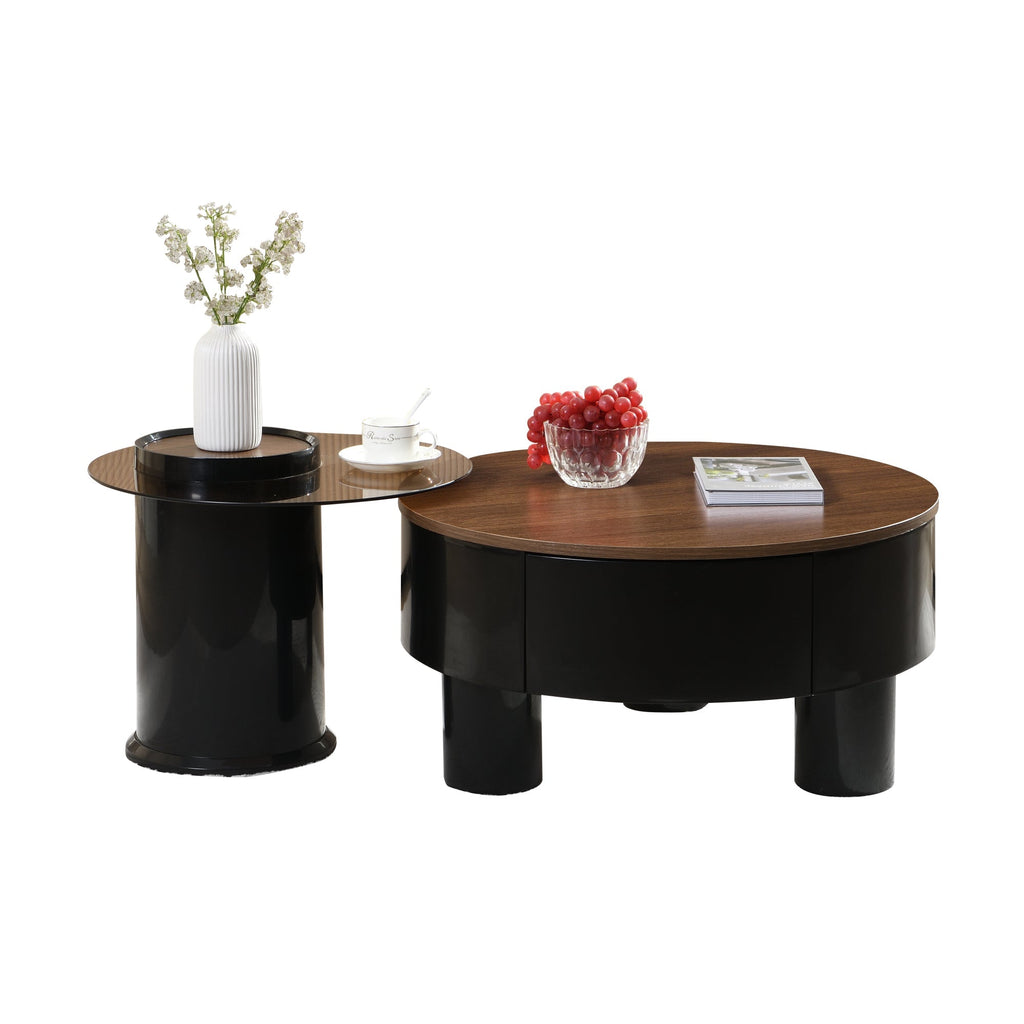Round Nesting Coffee Table Set of 2, Coffee Table with Storage Drawer, Black Plastic Center Table for Living Room, Large: 27.56'' Small: 19.69''