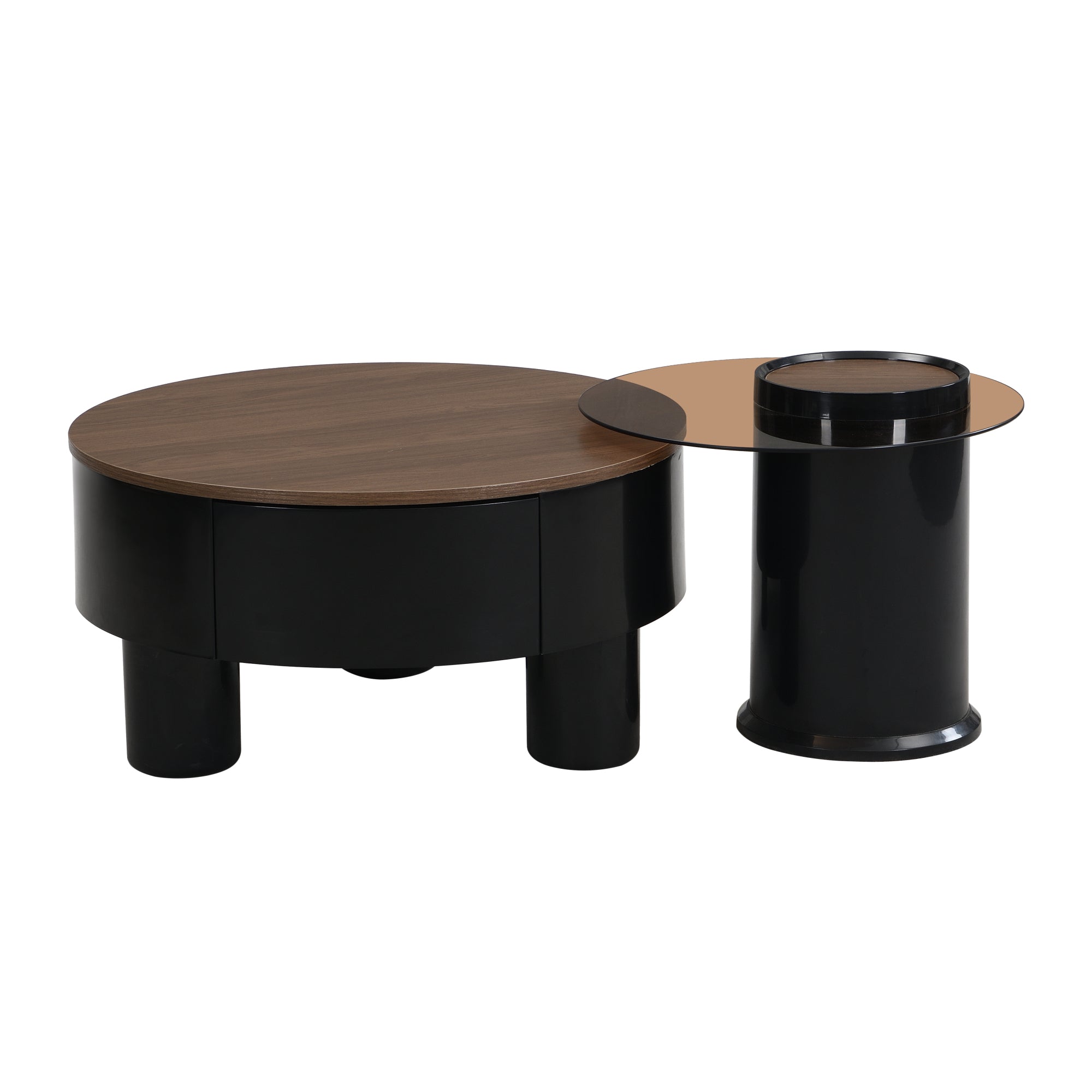 Round Nesting Coffee Table Set of 2, Coffee Table with Storage Drawer, Black Plastic Center Table for Living Room, Large: 27.56'' Small: 19.69''