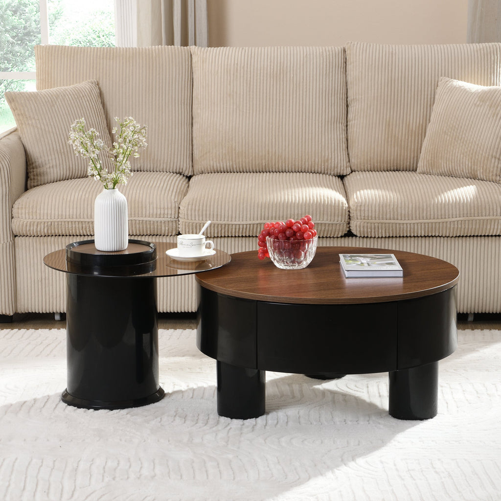 Round Nesting Coffee Table Set of 2, Coffee Table with Storage Drawer, Black Plastic Center Table for Living Room, Large: 27.56'' Small: 19.69''